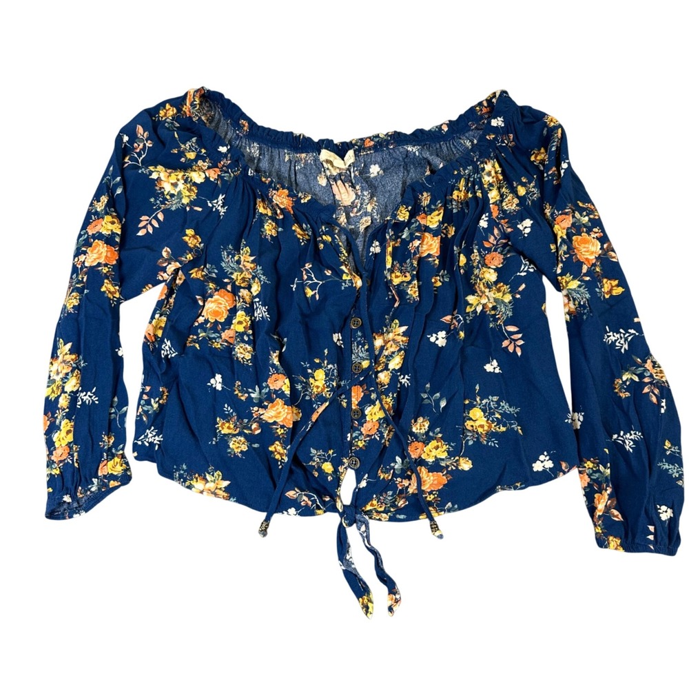 Rewind Navy Blue Floral Off Shoulder Crop Top Long Sleeve Boho NKW48839ZD Large